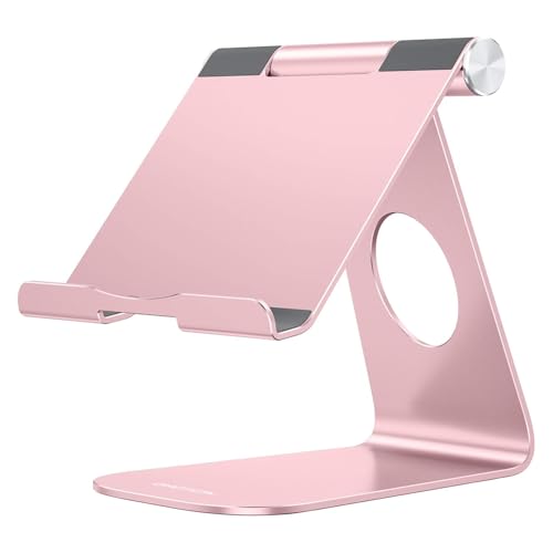 OMOTON T1 Adjustable Tablet Stand for Desk, Aluminum Holder Rose Gold | Solid Metal Build | Charging Cutout | Anti-Slip Silicone Pads | Multi-Angle Adjustable | Fits 3.5-12.9" | Holds Thick Cases - color: Rose Gold