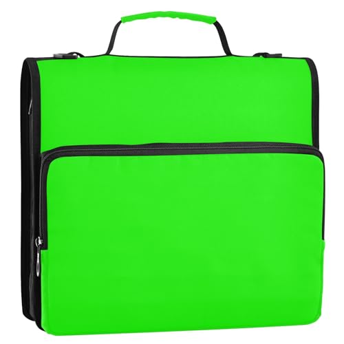 Neon Green (2) 3 Ring Zipper Binder with Shoulder Strap & Handle 3 Inch D-Ring with Expanding File Folder, Multiple Pocket & Pencil Pouch, Binder Organizer for School Office - color: Neon Green Light