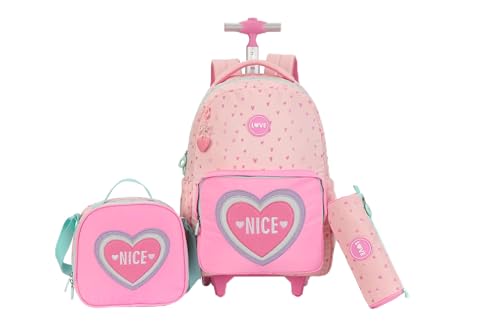 Wheels Rolling Kids Backpack for Elementary Luggage School Trolley Bag with Lunch Box 3pc Set (HEART PINK) - color: Heart Pink