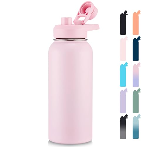 Fijinhom Insulated Water Bottle with Handle, 304 Stainless Steel Water Bottles with Wide Mouth, Double Wall Vacuum Sports Water Bottle, BPA Free, Keep Cold and Hot, 32 Ounces Pink - color: Pink, size: 32 Ounces