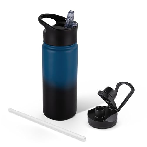 16 oz Insulated Water Bottle for School, Straw & Spout Lid, Keep Cold 24H, Spill Proof, BPA-Free, Double Wall Stainless Steel Kids Water Bottles for Sports, Gym, Travel, Blue Black Gradient - color: Blue Black Gradient, size: 16 Ounces