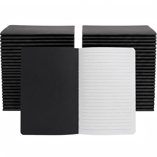 VMK 50 Pack A5 Wide Ruled Lay Flat Notebooks Bulk, Black Softcover | 30 Sheets/60 Pages Each, Thread-Sewn Binding, 80gsm Paper, 2 Bundles of 25 for Offices, Training, and Teams - color: Black