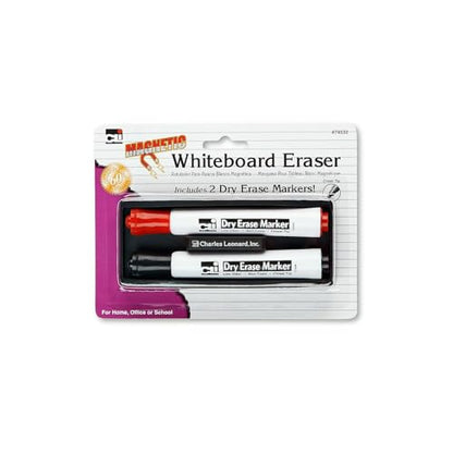 Charles Leonard Magnetic Whiteboard Eraser with 2 Dry Erase Markers, 1 Pack (74532), Rectangular, Red-Black - size: 1 Count (Pack of 1)