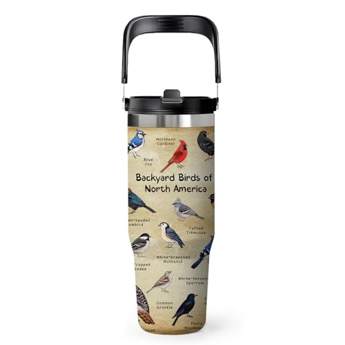 Bird Tumbler Cup with Handle 30 oz with Lid and Straw, Leak-proof Insulated Stainless Steel Coffee Tumbler with Bird Illustration Pattern and Species Names, Gift for Birds Watcher Nature Lover - color: Bird, size: 30 Ounces