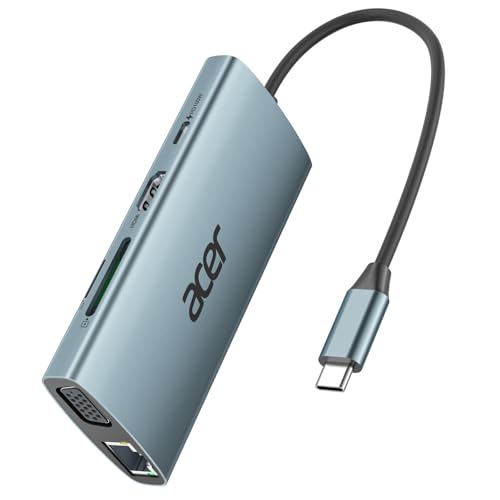 Acer USB C Hub with 4k HDMI, 9-in-1 USB C to Ethernet Adapter, 5Gbps USBA 3.0 Docking Station, VGA Splitter, SD Card Reader, PD 100W Charging for MacBook, Acer, Laptops, Surface and More