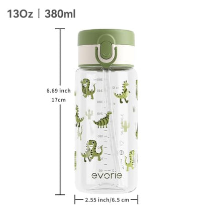 Evorie Tritan Kids Water Bottle with Straw, 13oz BPA-Free Leak-Proof Drinking Bottle for School & Travel, Lightweight Clear Water Bottle, Dishwasher Safe, for Kids Ages 3+ (Green Dino) - color: Green Dino