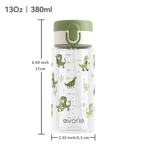 Evorie Tritan Kids Water Bottle with Straw, 13oz BPA-Free Leak-Proof Drinking Bottle for School & Travel, Lightweight Clear Water Bottle, Dishwasher Safe, for Kids Ages 3+ (Green Dino) - color: Green Dino