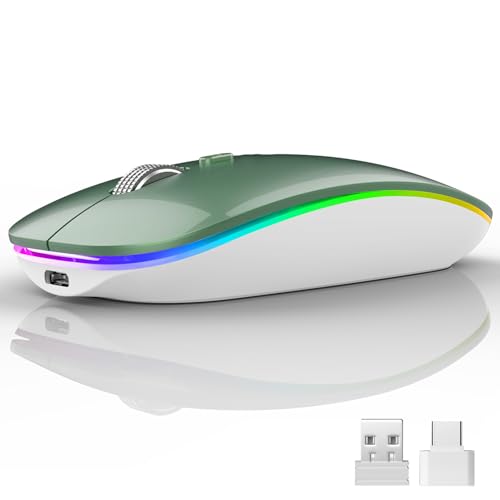 Uiosmuph LED Wireless Mouse, G12 Slim Rechargeable Silent Mouse, 2.4G Portable USB Optical Wireless Computer Mice with USB Receiver and Type C Adapter (Blacklish Green) - color: Blacklish Green