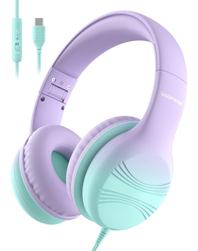 Voopwink USB Type C Kids Headphones, Wired Headphones for Kids with Microphone 85/94dB Volume Limit, Stereo Sound Portable Over Ear Headphones for School/Travel/Tablet/iPad, Green Violet - color: Green Violet, size: USB Type C Plug