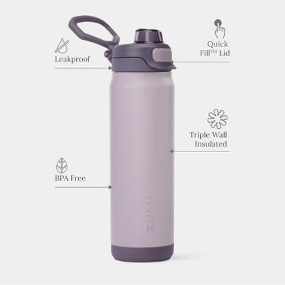ZULU Powerfill Pro 24oz Stainless Steel Water Bottle with Quick Fill Lid, Triple Walled Vacuum Insulated Metal, Leak Proof Locking Lid, Sip and Chug, Reusable BPA Free, Amethyst - color: Amethyst, style: 24oz