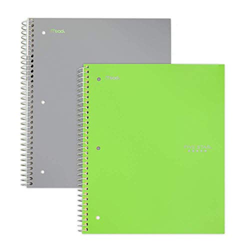 Five Star Spiral Notebooks, 5 Subject, College Ruled Paper, 200 Sheets, 11" x 8-1/2", Gray, Lime, 2 Pack (38448) - color: Gray-Lime