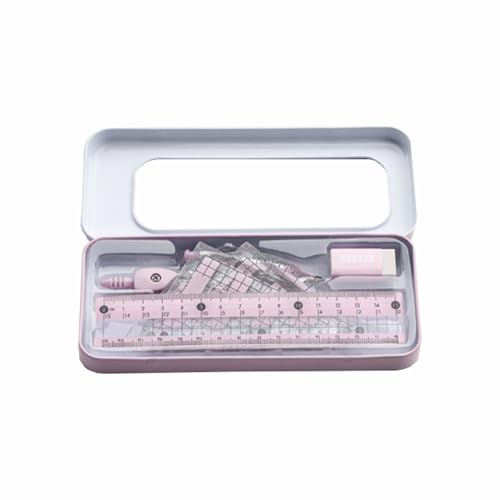 Math Geometry Tool Kit for Students – 8-Piece Compass Protractor Ruler Set with Metal Case, Anti-Myopia Office School Drawing Supplies (Pink) - color: Pink