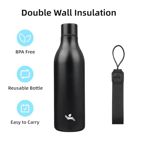 Konokyo Insulated Water Bottle with Strap,25 oz Double Wall Stainless Steel Vacuum Bottles Metal Water Flask,Black - color: Black, size: 25 Ounces