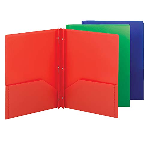 Smead Poly Two-Pocket Folder, Three-Hole Punch Prong Fasteners, Letter Size, Assorted Colors, 3 per Pack (87737) - color: Red, Blue, Green