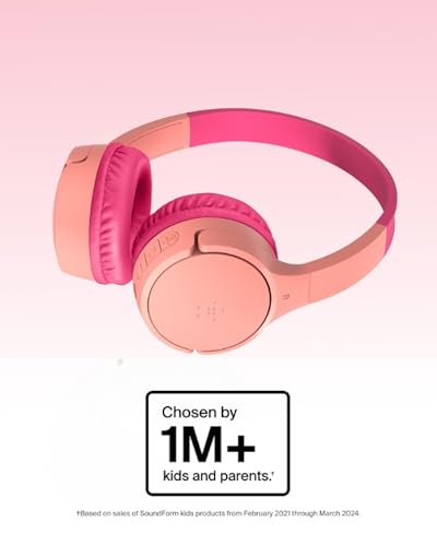 Belkin SoundForm Mini - Wireless Bluetooth Kids Headphones, 30H Battery, 85dB Safe Volume Limit, Built-in Microphone - Toddler On-Ear Earphones for iPhone, iPad, Fire Tablet, Ideal for School - Pink - color: Pink, style: Wireless (USB-C)
