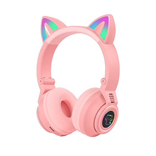 Cat Ear Bluetooth Headphones for Kids & Adults, Wireless Foldable & Wired Multi-Function LED Light Up Over Ear Headphones with Mic and Volume Control for iPhone/iPad/Laptop/PC (Pink 2) - color: Pink 2