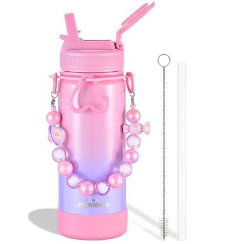 Mininoo Kids Water Bottle for School - 16 oz Stainless Steel Insulated Water Bottle with Ceramic-Lined, Leakproof Straw Lid & Beaded Handle for Girls & Boys - color: Sparkle Tulip