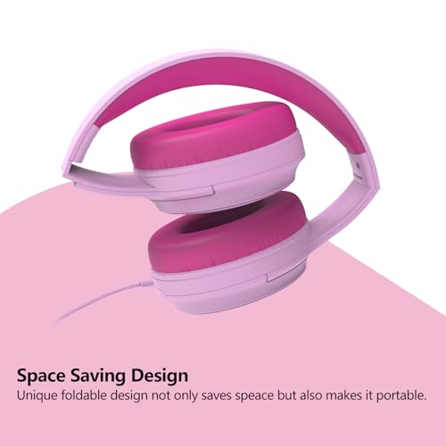 Kids Headphones Wired,Wired Headphones for Kids Over Ear with Microphone,85/94dB Volume Limiter Headphone for Kids Boys Girls Teens Children,3.5mm Wired Foldable Headphone for School/Tablet (Pink) - color: Pink