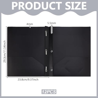 AHANDMAKER 12 Pack Plastic Folders with Pockets and Prongs, Durable 2 Pocket Project File Folders with 3 Prong Fasteners for Letter Size Papers Home School Office Business Use, Black - color: Black