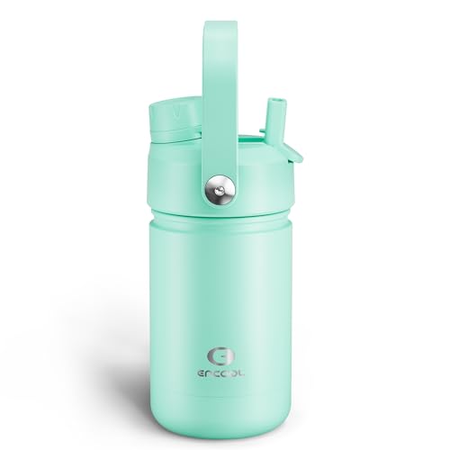 Kids Insulated Water Bottle with Straw - 12oz Stainless Steel Water Bottle with Dual Spouts, Leak-Proof, BPA-Free, Double Wall Vacuum Keeps Cold for 24 Hours for Sports, Travel, School (Brook Green) - color: Brook Green, size: 12 Ounces