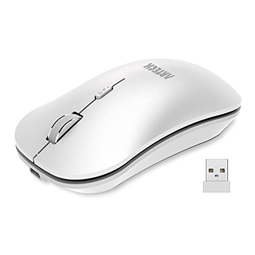 Arteck 2.4G Wireless Mouse with Nano USB Receiver Ergonomic Design Silent Clicking for Computer/Desktop/PC/Laptop and Windows 10/8/7 Build in Rechargeable Battery - White - color: White