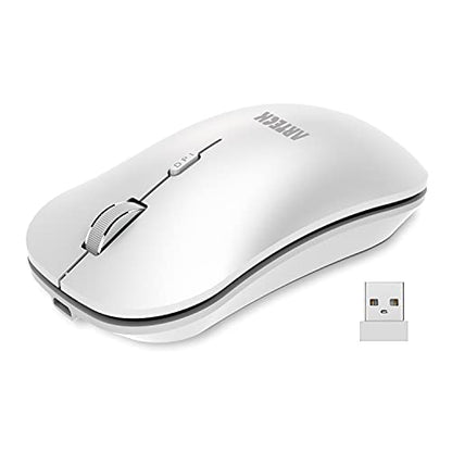 Arteck 2.4G Wireless Mouse with Nano USB Receiver Ergonomic Design Silent Clicking for Computer/Desktop/PC/Laptop and Windows 10/8/7 Build in Rechargeable Battery - White - color: White