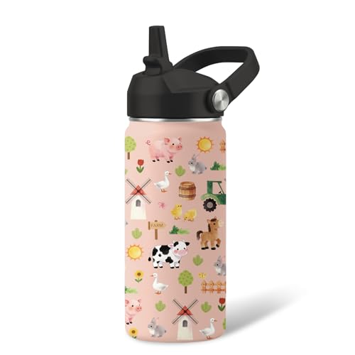 Kids Water Bottle Insulated - 16 oz Kids Stainless Steel Water Bottle with Straw, Leak Proof, BPA-Free, Vacuum Insulated, Animals Water Bottles for Sports, Travel - color: Farm Animals, size: 16 Ounces