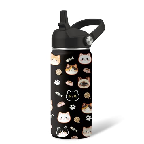 Kids Water Bottle Insulated - 16 oz Kids Stainless Steel Water Bottle with Straw, Leak Proof, BPA-Free, Vacuum Insulated, Cat Water Bottles for Sports, Travel - color: Cat, size: 16 Ounces