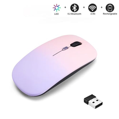 LED Wireless Mouse, Slim Silent Dual-Mode 2.4G+BT Rechargable 7-Color Portable Mobile Optical Office Mouse with USB Receiver, 3 Adjustable Levels for Notebook,PC,Computer, MacBook-Gradient pink purple - color: Gradient pink purple