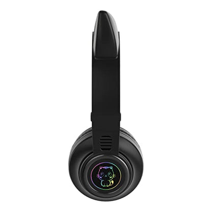 Cat Ear Bluetooth Headphones for Kids & Adults, Wireless Foldable & Wired Multi-Function LED Light Up Over Ear Headphones with Mic and Volume Control for iPhone/iPad/Laptop/PC (Black) - color: Black