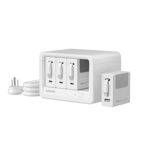 Gitryin 12-in-1 Desktop Charging Station with 3 Retractable Type-C Chargers and 1 Lightning Charger, 160W USB-C Charging Hub with 33.5in Cable, 4 AC, 1 USB A Port, 3 USB C Ports, White - size: With 1 Lightning, USB A Port, 3 Type-C Chargers