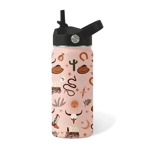 Western Cowboy Gifts - 16oz Kids Water Bottle with Straw Lid, Stainless Steel Insulated Tumbler, Leak Proof, BPA-Free, for Boys, School, Travel - Wild West Rodeo Cowgirl Kids Birthday Gifts Cups(1pc) - color: Cowboy1, size: 16 Ounces