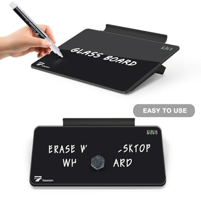 TOWON Small White Board for Desk with Clock, Small Desktop Whiteboard Glass with Pen Holder, Time Reminder Dry Erase Board, Whiteboard for Desk, Digital LCD Display, for Home Office, Black, 8 x 6 in - color: Black With Clock
