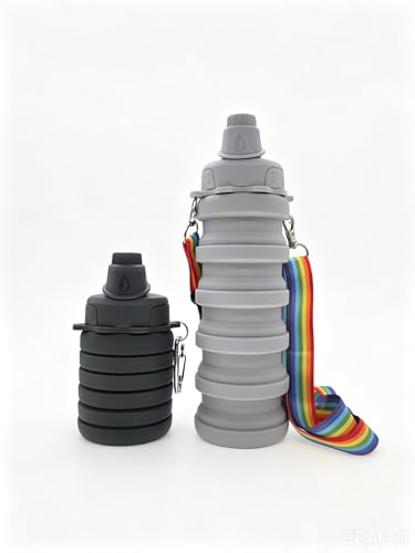 Collapsible Water Bottles Silicone Foldable Reusable Leakproof Travel Water Bottle 17.6oz With Mountaineering Buckle And Adjusting Rope For Sports Camping Hiking Cycling Yoga（Dark Gray And Light Gray） - color: Dark Gray + Light Gray