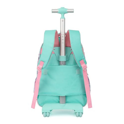 Cartoon Rolling Backpack for Boys Girls, Kids 5 Pcs Wheeled Backpack, Travel Backpack for Elementary Students (Mermaid Green) - color: Mermaid Green