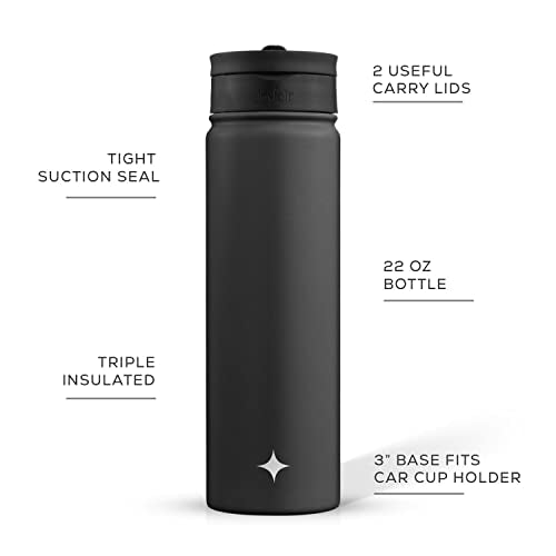 JoyJolt Triple Insulated Water Bottle with Straw Lid AND Flip Lid! 22oz Water Bottle, 12 Hour Hot/Cold Vacuum Insulated Stainless Steel Water Bottle. BPA-Free Leakproof Water Bottles - Thermos Bottle - color: Matte Black, size: 22 Ounces