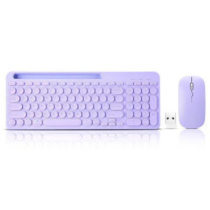 Wireless Keyboard and Mouse Combo with Phone Tablet Holder, Rechargeable Dual-Mode (Bluetooth 5.0 and 3.0 +2.4G) Multi-Device Silent Mouse for Windows, iPad, Tablet, MacOS,iOS,Android (Purple) - color: purple