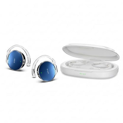 Open Ear Headphones Wireless, 52Hrs Playtime, with Hook Bluetooth Headset | Lightweight Earphones, Clip-On Ear Design, Dual Device Pairing, for Workouts - color: White Blue