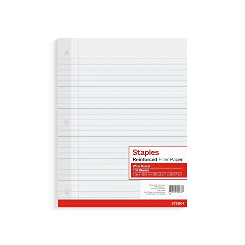 STAPLES Reinforced Filler Paper, 8” x 10.5”, Wide Ruled, 100 Sheets/Pack, 12‑Pack - size: 8'' x 10.5'', style: 1,200 Sheets
