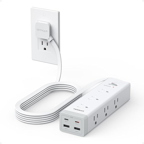 TESSAN Surge Protector Power Strip PD 20W, Ultra Thin Flat Plug 10 FT Extension Cord, 9 Outlets 4 USB(2 USB C), 1050J Protection Multiple Outlets Charging Station for Home, Office, College Dorm Room - size: 10 FT