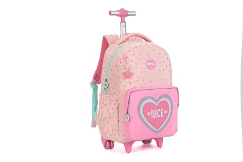 Wheels Rolling Kids Backpack for Elementary Luggage School Trolley Bag with Lunch Box 3pc Set (HEART PINK) - color: Heart Pink