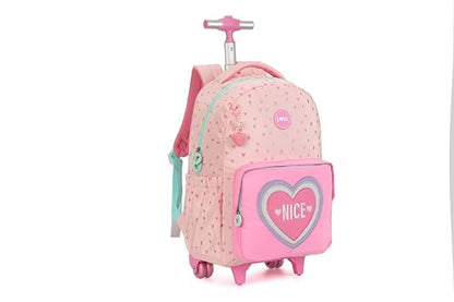 Wheels Rolling Kids Backpack for Elementary Luggage School Trolley Bag with Lunch Box 3pc Set (HEART PINK) - color: Heart Pink