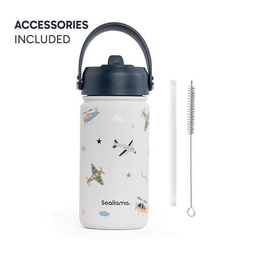 Seallama. Kids Water Bottle -14 oz Stainless Steel Tumbler with Straw Lid, Vacuum Insulated Double Wall Travel Cup, Leak-Proof Reusable Drink Bottle for School & Everyday Hydration - color: Jet Set Go