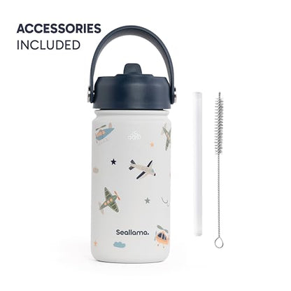 Seallama. Kids Water Bottle -14 oz Stainless Steel Tumbler with Straw Lid, Vacuum Insulated Double Wall Travel Cup, Leak-Proof Reusable Drink Bottle for School & Everyday Hydration - color: Jet Set Go