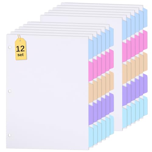 12 Sets 60 Pcs Binder Dividers with Tabs for 3 Ring Notebook Index Pages | White Paper Writable and Multicolor Preprinted 5 Tabs, 8.5 × 11 Inch Organizing Documents Files For School Office Home - size: 12 Set/60 Pcs