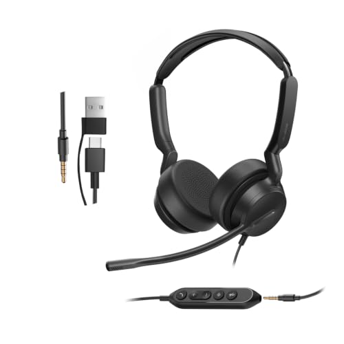 Yealink UH42 SE Wired Headset with Mic, USB-A/C & 3.5MM Stereo Computer Headsets with Noise Cancelling Microphone for PC, Laptop, 7ft Cable in-Line Control Headphones Work with Teams, Zoom, UC - color: Dual-Ear, size: 3.5mm & USB-C/A