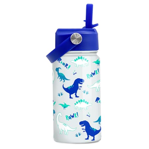 SANDJEST Dinosaur 12 oz Insulated Stainless Steel Water Bottle with Straw Lid - Thermos for Kids & Teens - School, Sports, Travel Cup - color: Dinosaur 1