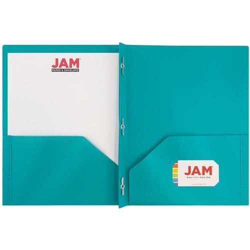 JAM PAPER Plastic 2 Pocket POP Folders - Durable School Folders with Metal Prongs Fastener Clasps - Teal Blue - Bulk 48/Pack - color: Teal, size: 48 Per Pack
