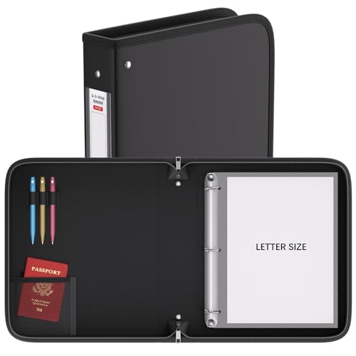 Fireproof 3 Ring Binder with Zipper, 1.5 Inch D Rings Hold up 375 Sheets of 8.5" x 11" (A4), Compatible with Clear Page Protectors, Built-in net and Pen Holder (2 Pcs, Black, 1.5") - color: Black, size: 1.5", style: 2 Pcs