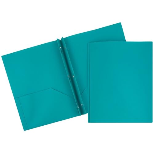 JAM PAPER Plastic 2 Pocket POP Folders - Durable School Folders with Metal Prongs Fastener Clasps - Teal Blue - 12/Pack - color: Teal, size: 12 Per Pack